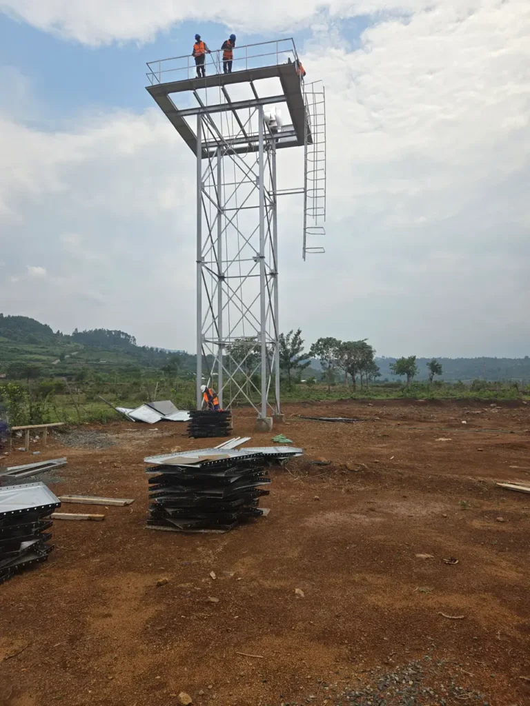setting up steel tank on tower